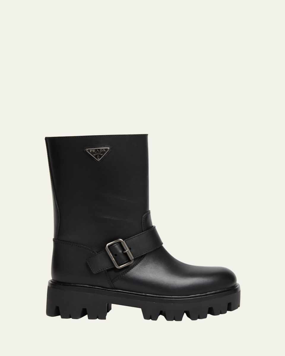 Triangle Logo Leather Moto Booties